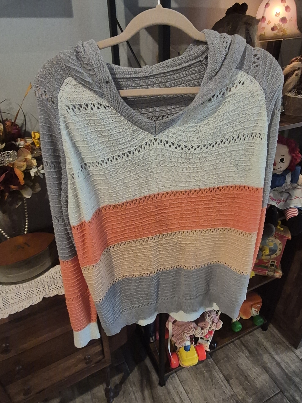 Striped Hooded Knit Sweater - Gray, Cream, Peach